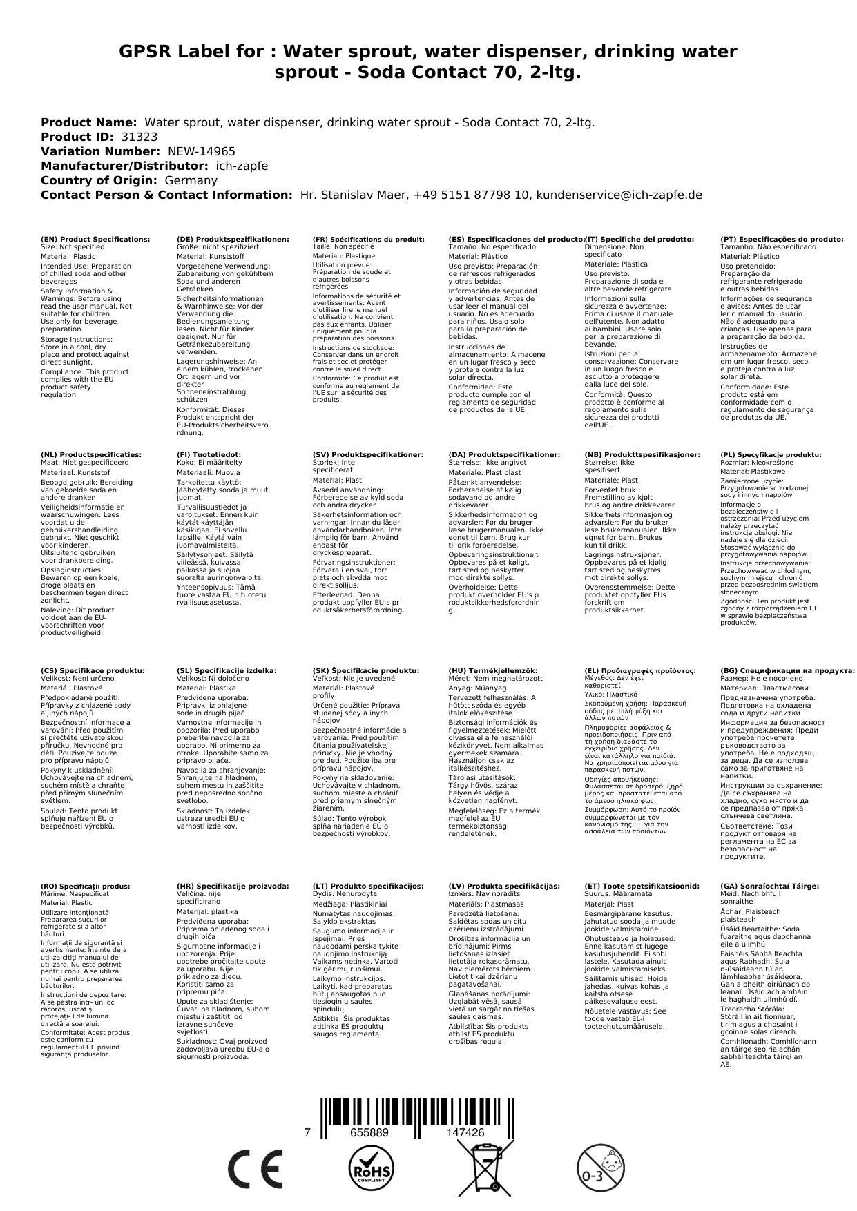Wassersprudler, Wasserspender, Trinkwassersprudler - Soda Kontakt 70, 2-ltg.