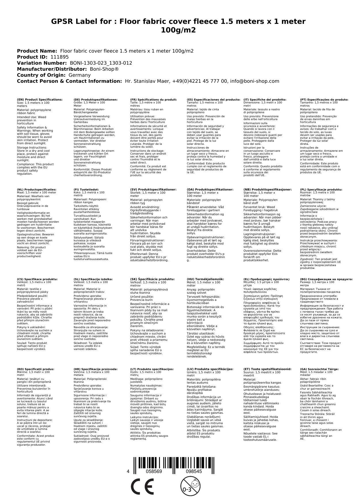 Unkrautvlies, Bodengewebe 1,5m x 1m, 100g/m²