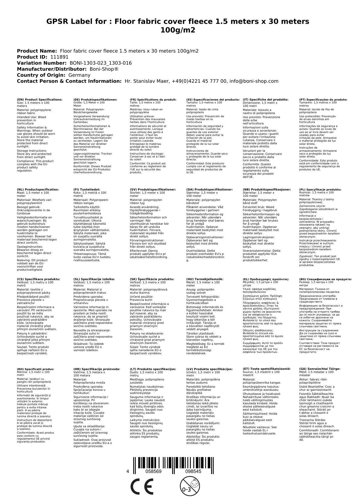 Unkrautvlies, Bodengewebe 1,5x30m, 100g/m², Gartenvlies, Mulchvlies, Beetvlies