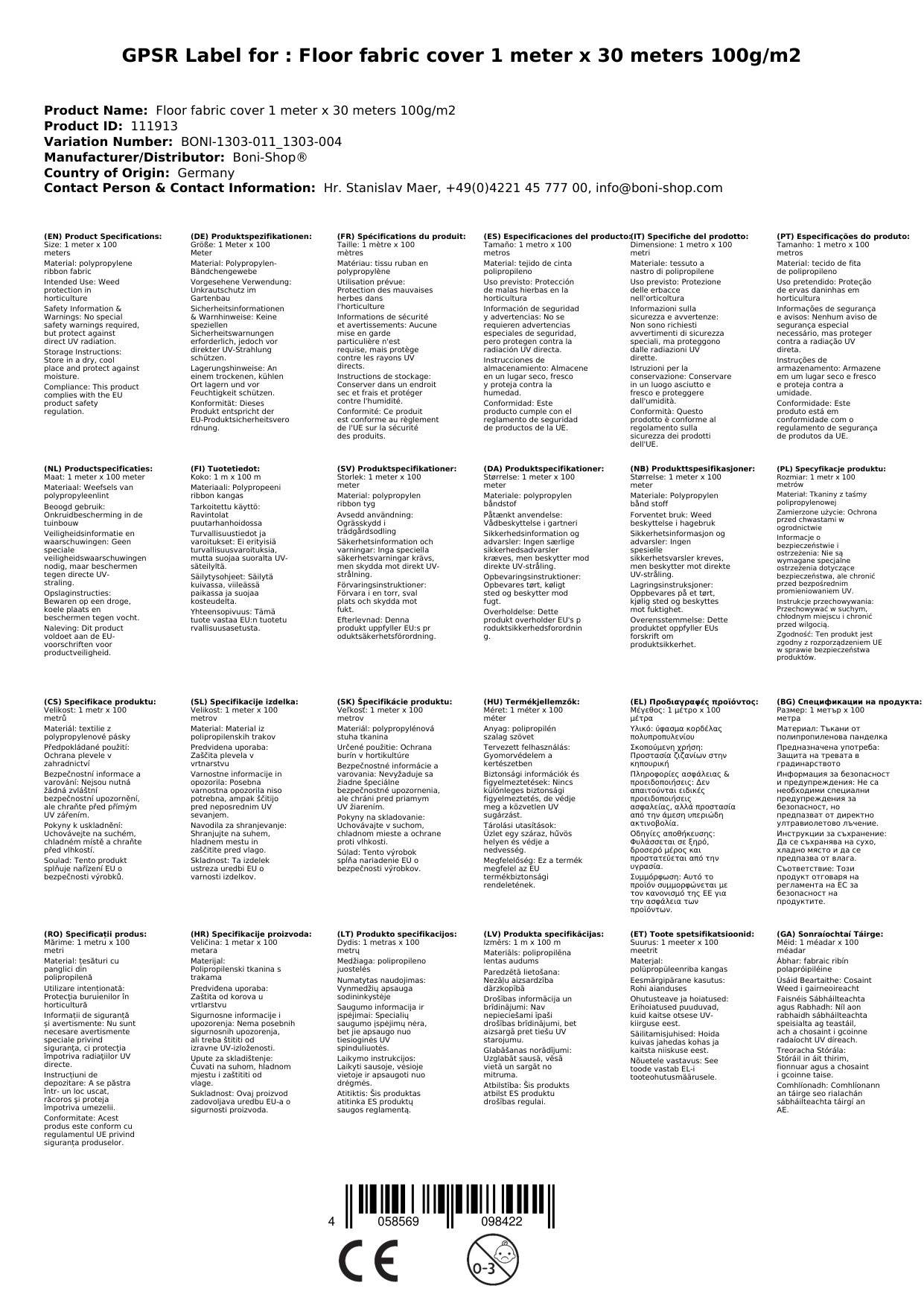 Bodengewebe, Abdeckvlies 1x30m, 100g/m², Unkrautvlies
