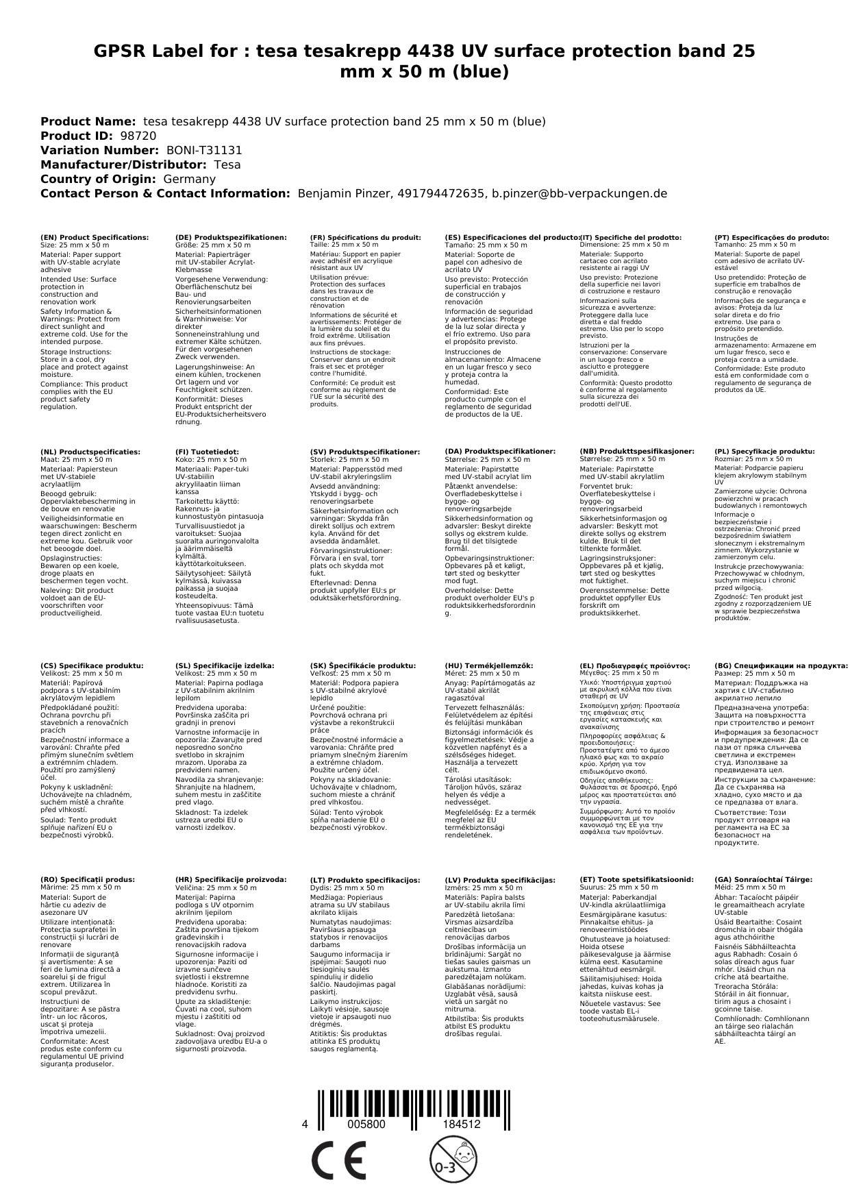tesa tesakrepp 4438 UV Oberflächenschutzband 25 mm x 50 m (blau)