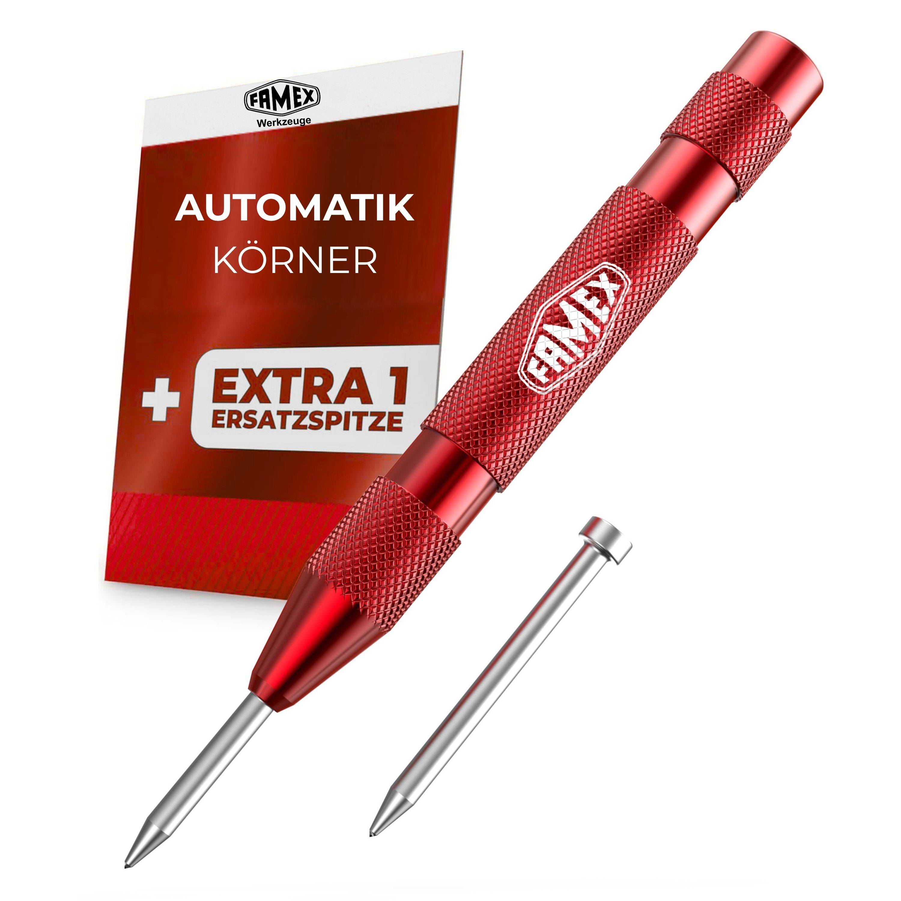 FAMEX 8242 Automatischer Körner für Metall, Spitze aus HSS-Stahl, Schlagkraft einstellbar 50–100 N, 130 mm, Aluminium gerändelt – schwere Ausf