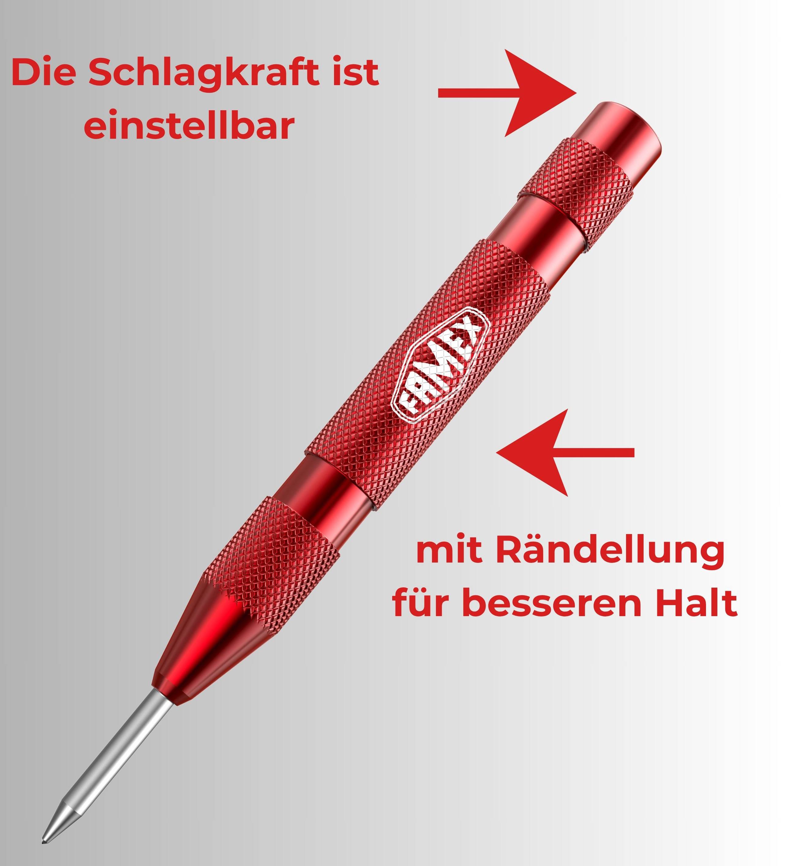 FAMEX 8242 Automatischer Körner für Metall, Spitze aus HSS-Stahl, Schlagkraft einstellbar 50–100 N, 130 mm, Aluminium gerändelt – schwere Ausf