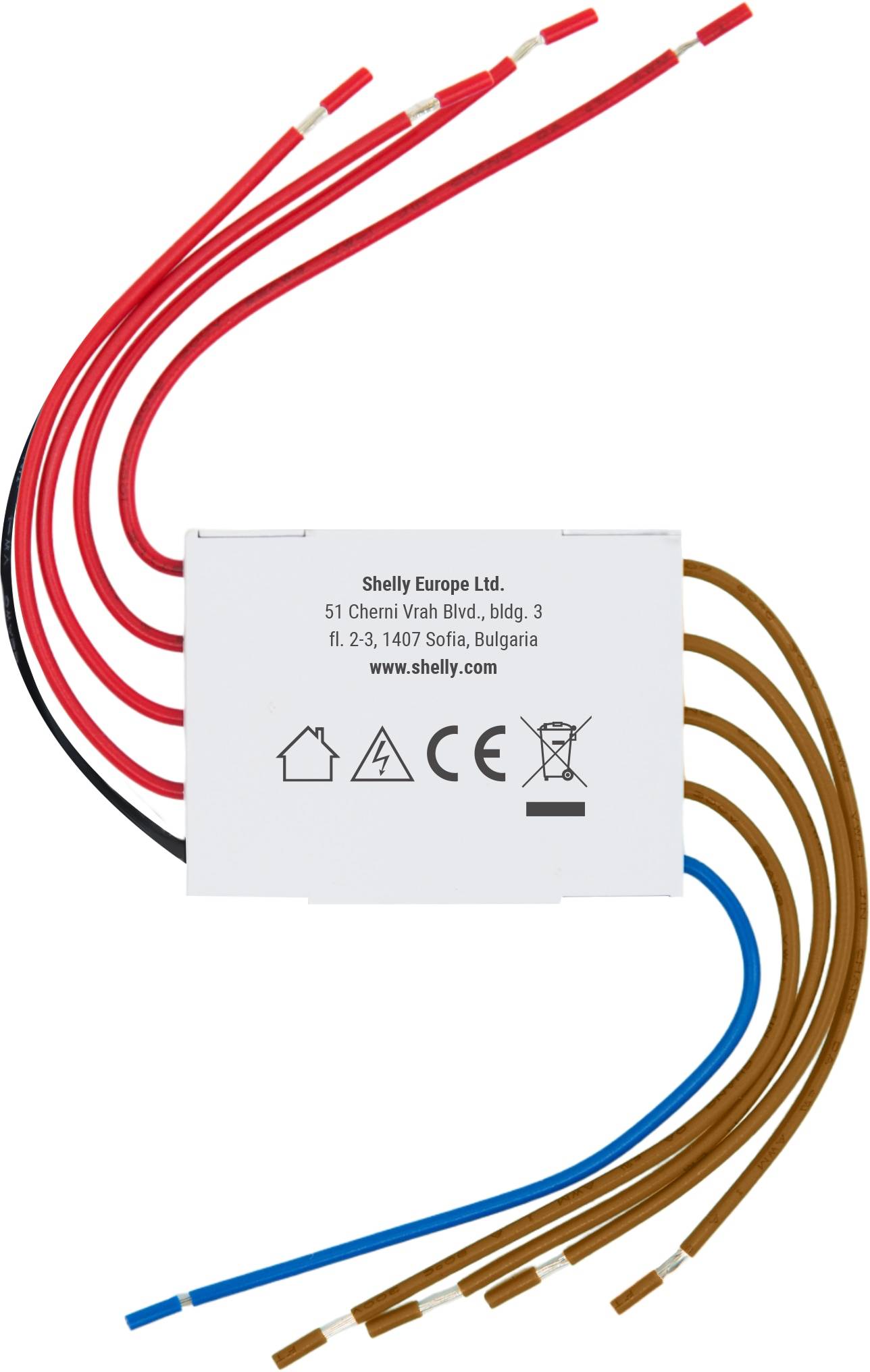 White Shelly Europe Ltd.-Gerät mit roten, schwarzen, braunen und blauen Drähten für elektrische Verbindungen. Zeigt Sicherheits- und Compliance-Symbole.