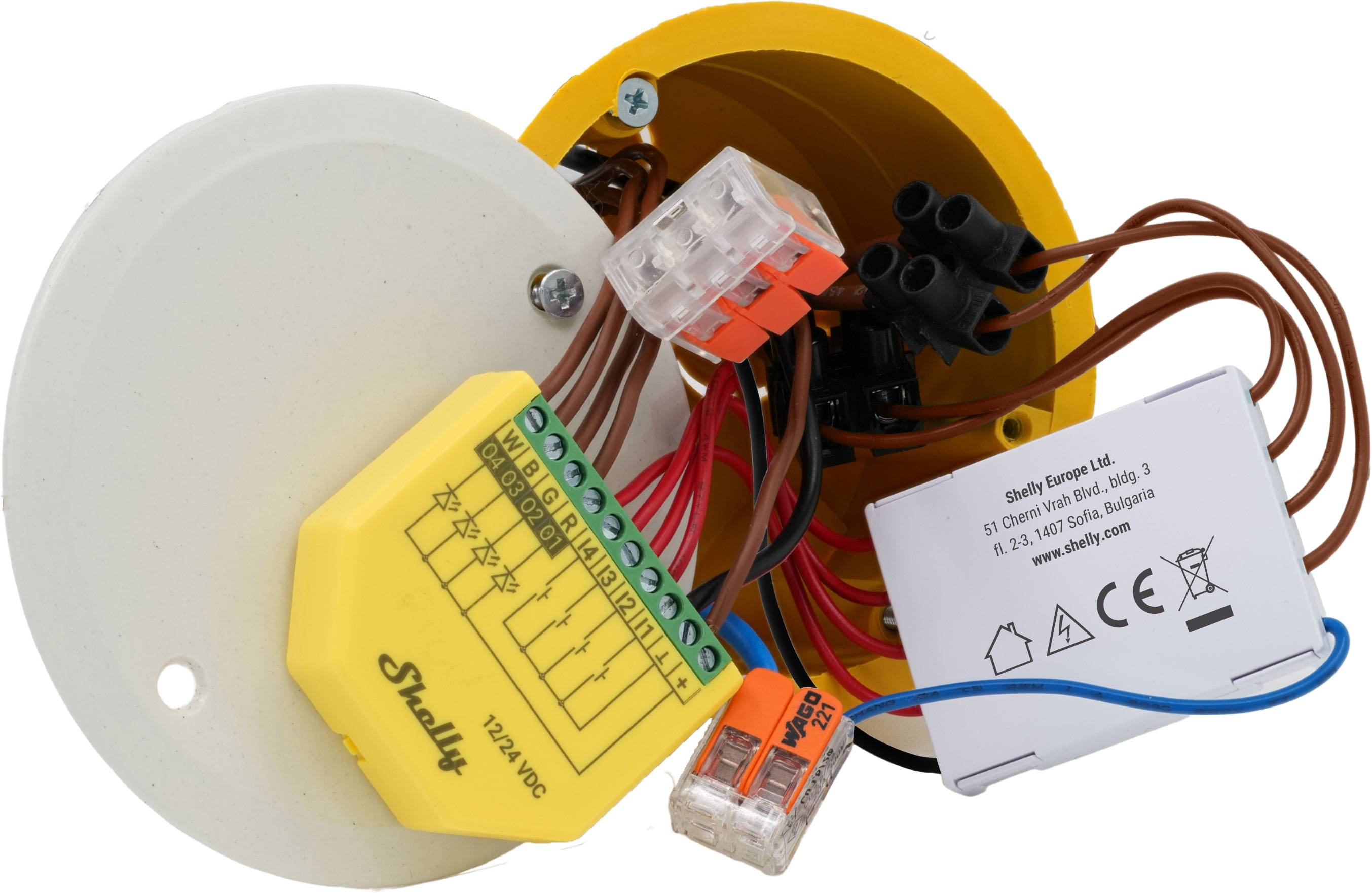 Elektrische Verkabelung mit einem Shelly-Gerät und verschiedenen angeschlossenen Drähten, die die Hausautomation ermöglichen.