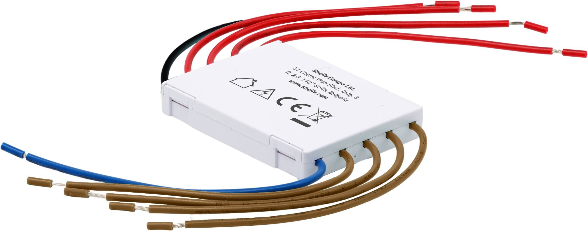 Ein weißes rechteckiges elektronisches Gerät mit Kabeln, das Zertifizierungssymbole und Unternehmensinformationen auf der Oberfläche zeigt.