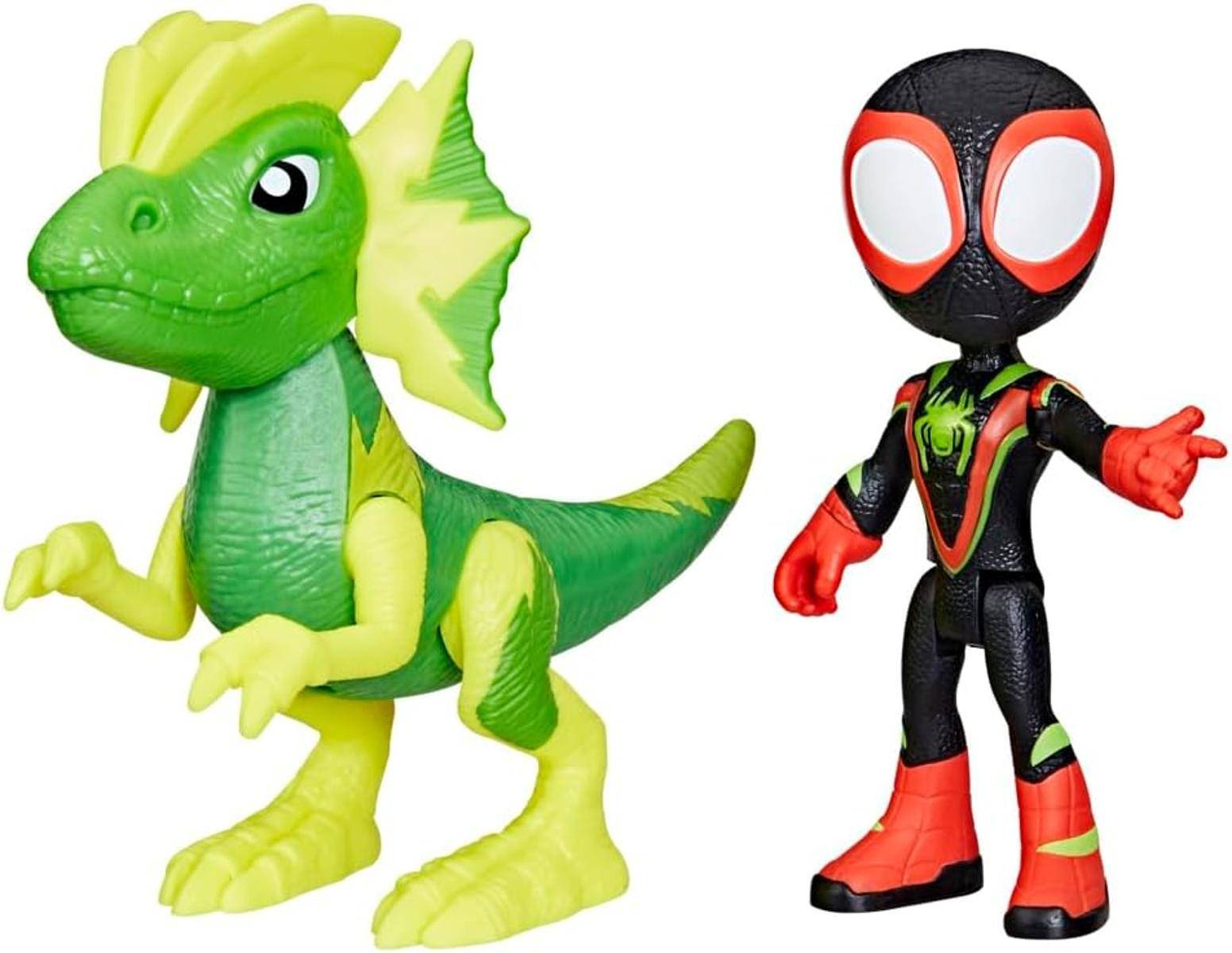 Zwei Spielzeugfiguren auf weißem Hintergrund: ein grüner Cartoon-Dinosaurier und ein Spider-Man-ähnlicher Superheld in einem schwarzen Anzug mit roten Akzenten.