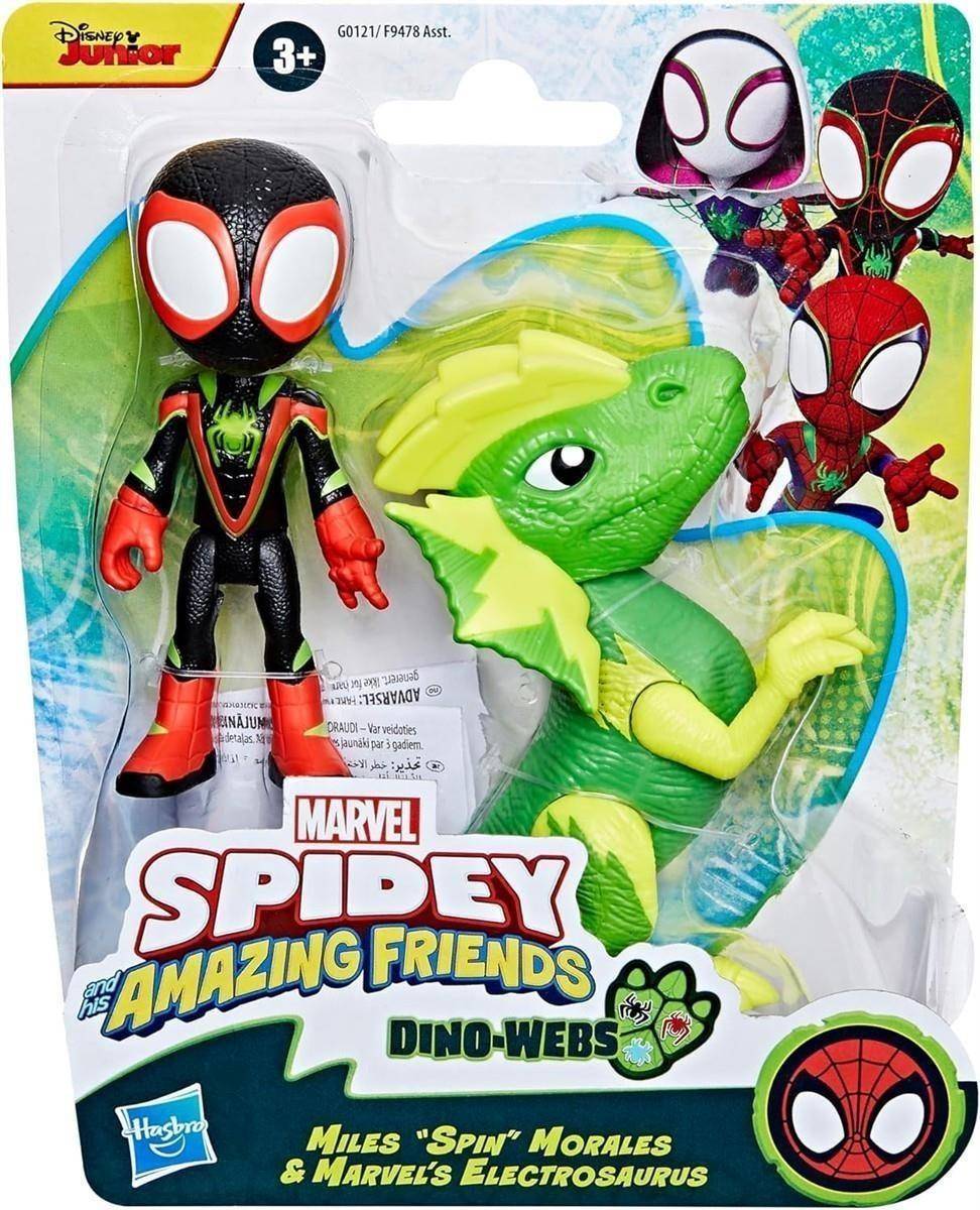 Marvel Spidey und Seine Super-Freunde Dino-Webs, Miles „Spin“ Morales &amp; Marvels Electrosaurus Action-Figuren