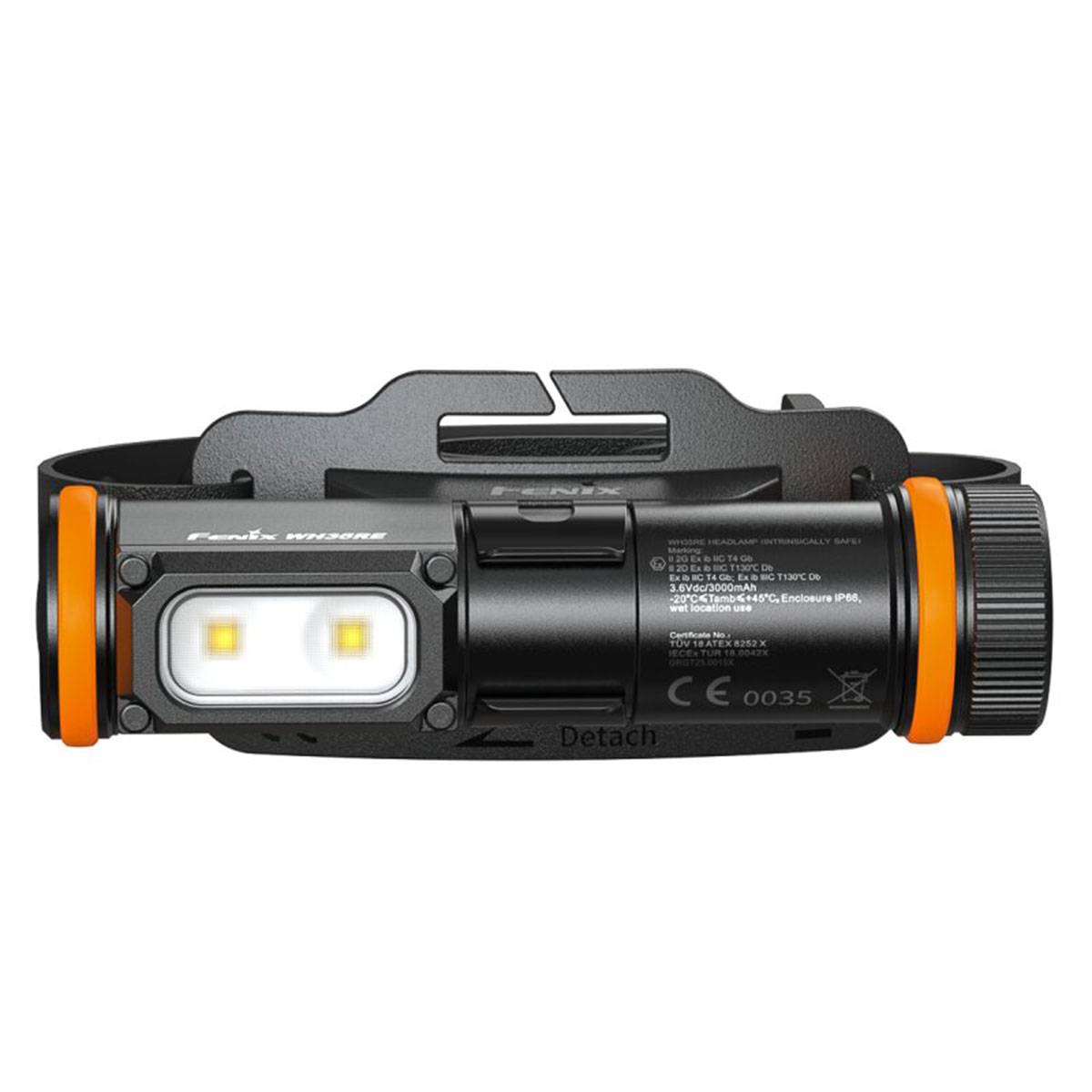Schwarze und orange Fenix-Stirnlampe mit verstellbarem Riemen, zwei LED-Leuchten und detaillierten Spezifikationen auf der Seite.