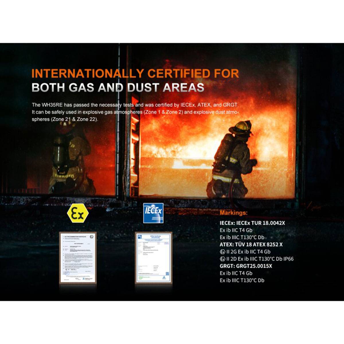 Feuerwehrleute in der Nähe einer Flamme mit dem Text 