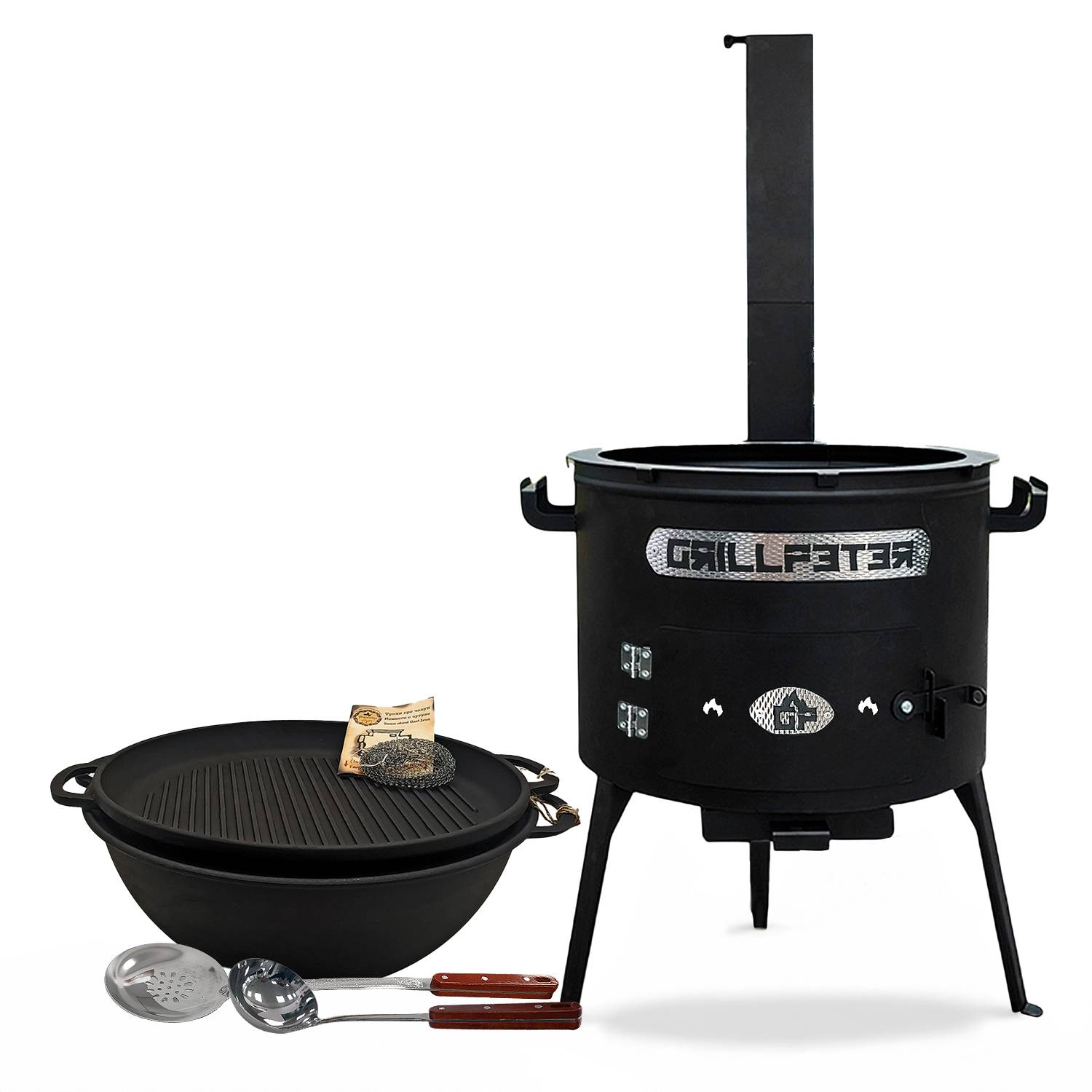 Outdoor-Grill, mit der Aufschrift 'Grillfather', mit abnehmbarer Grillpfanne, Löffel und Pfannenwender. Ideal für vielseitiges Kochen und Grillpartys.