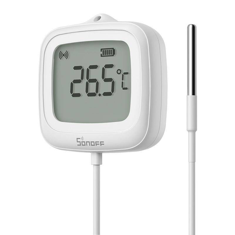 Digitales Thermometer mit der Anzeige '26,5°C' mit angeschlossenem Kabelsensor.