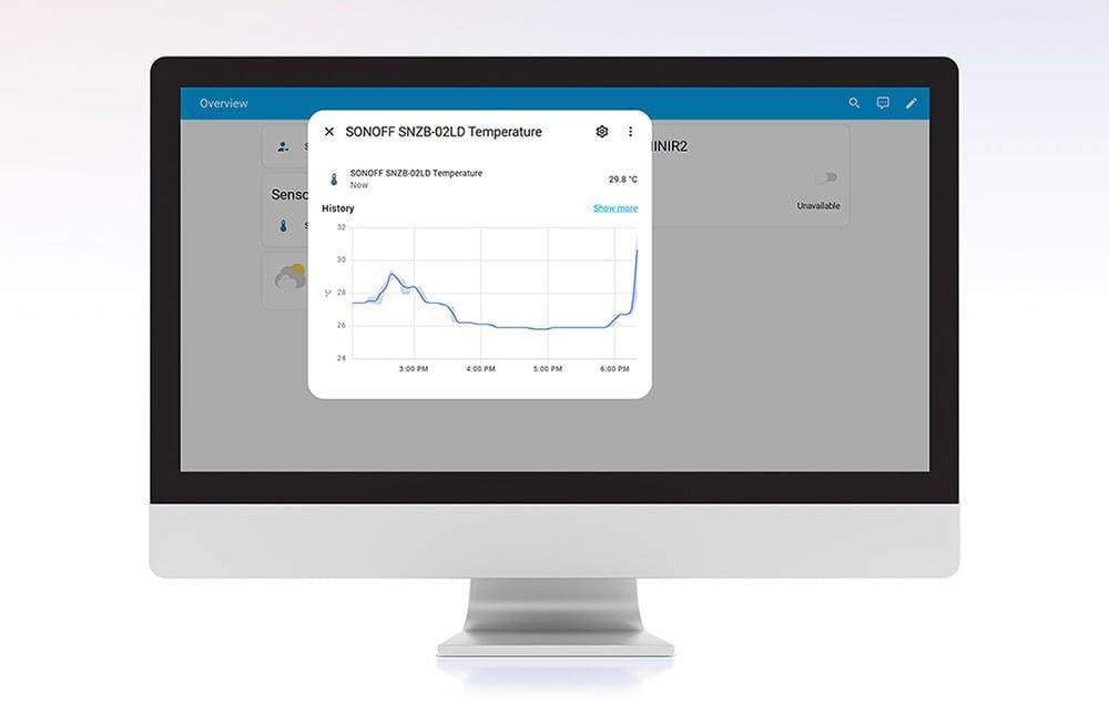 Ein Computerbildschirm, der ein Temperaturdiagramm mit der Bezeichnung ‚SONOFF SNZB-02LD Temperatur' zeigt, das auf der rechten Seite einen steilen Anstieg aufweist.