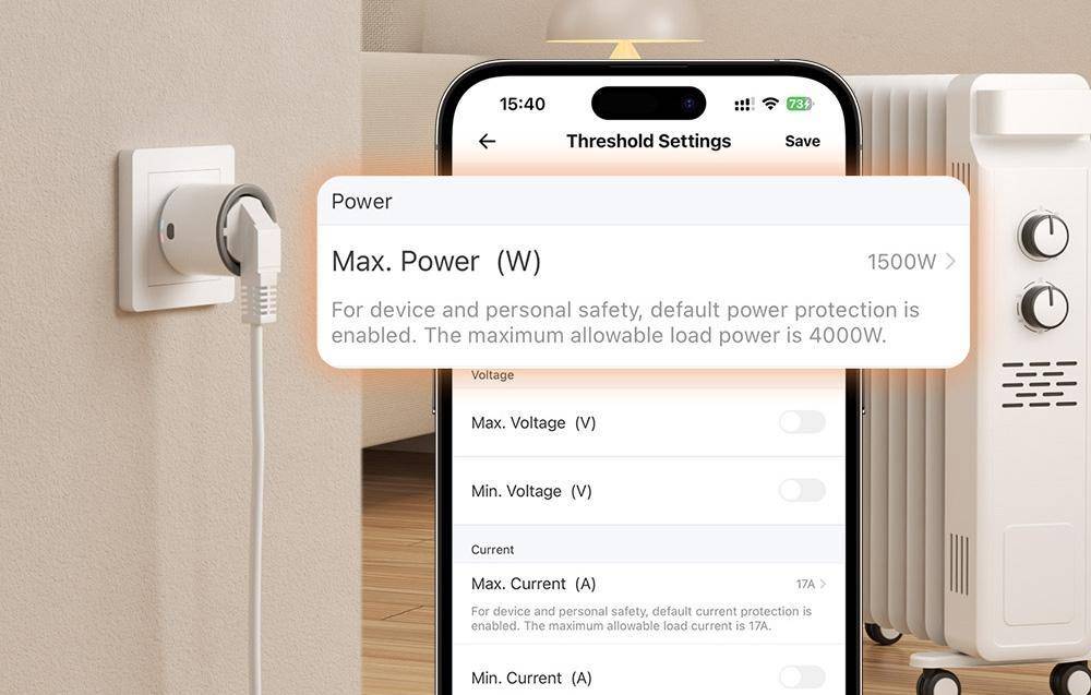 Ein Smartphone zeigt einen Bildschirm mit 'Schwellenwert-Einstellungen' für ein Stromgerät und zeigt die maximale Leistung von 1500 W sowie eine Warnung über einen Sicherheitsschwellenwert von 4000 W.