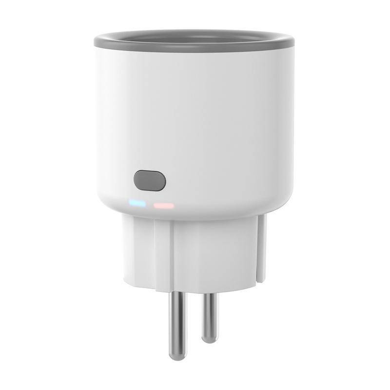 Ein weißer intelligenter Stecker mit schlankem, zylindrischem Design, ausgestattet mit einem kleinen Knopf und LED-Anzeigen. Er verfügt über zwei Metallstifte zur elektrischen Verbindung.