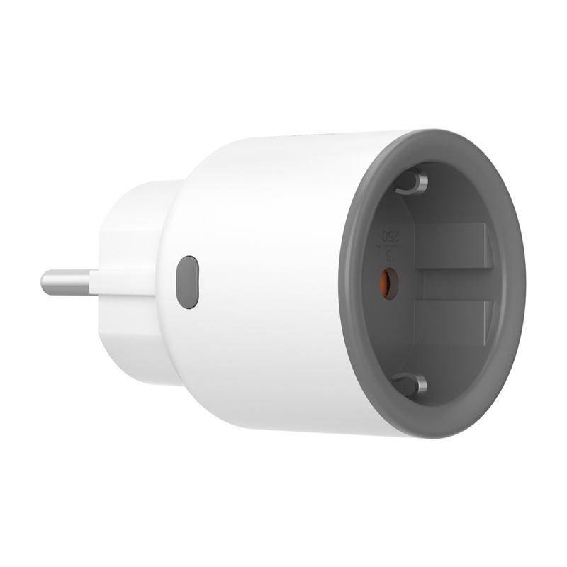 Ein weißer Smart Plug mit grauer Blende, entwickelt für europäische Steckdosen, zum Fernsteuern von Geräten über App oder Sprachassistent.