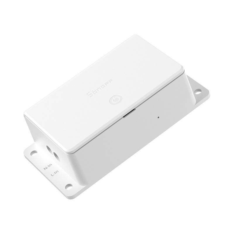 Ein rechteckiges, weißes Smart-Switch-Gerät mit Montagelöchern an seinen Ecken, entwickelt für Hausautomatisierung. Es verfügt über ein Netzsymbol auf der Oberseite.