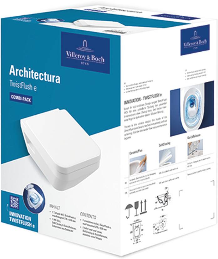 Die Abbildung zeigt die Verpackung von Villeroy & Boch für eine Toilette des Modells 'Architectura TwistFlush' mit Schlüsselmerkmalen und einem zentralen Produktbild.