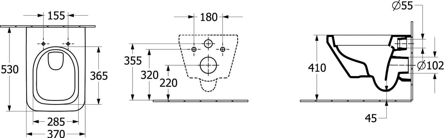 Technische Zeichnung einer Toilette mit Vorder-, Draufsicht und Seitenansicht, zeigt wichtige Abmessungen in Millimetern einschließlich 530 mm Höhe, 370 mm Breite und 410 mm Tiefe.