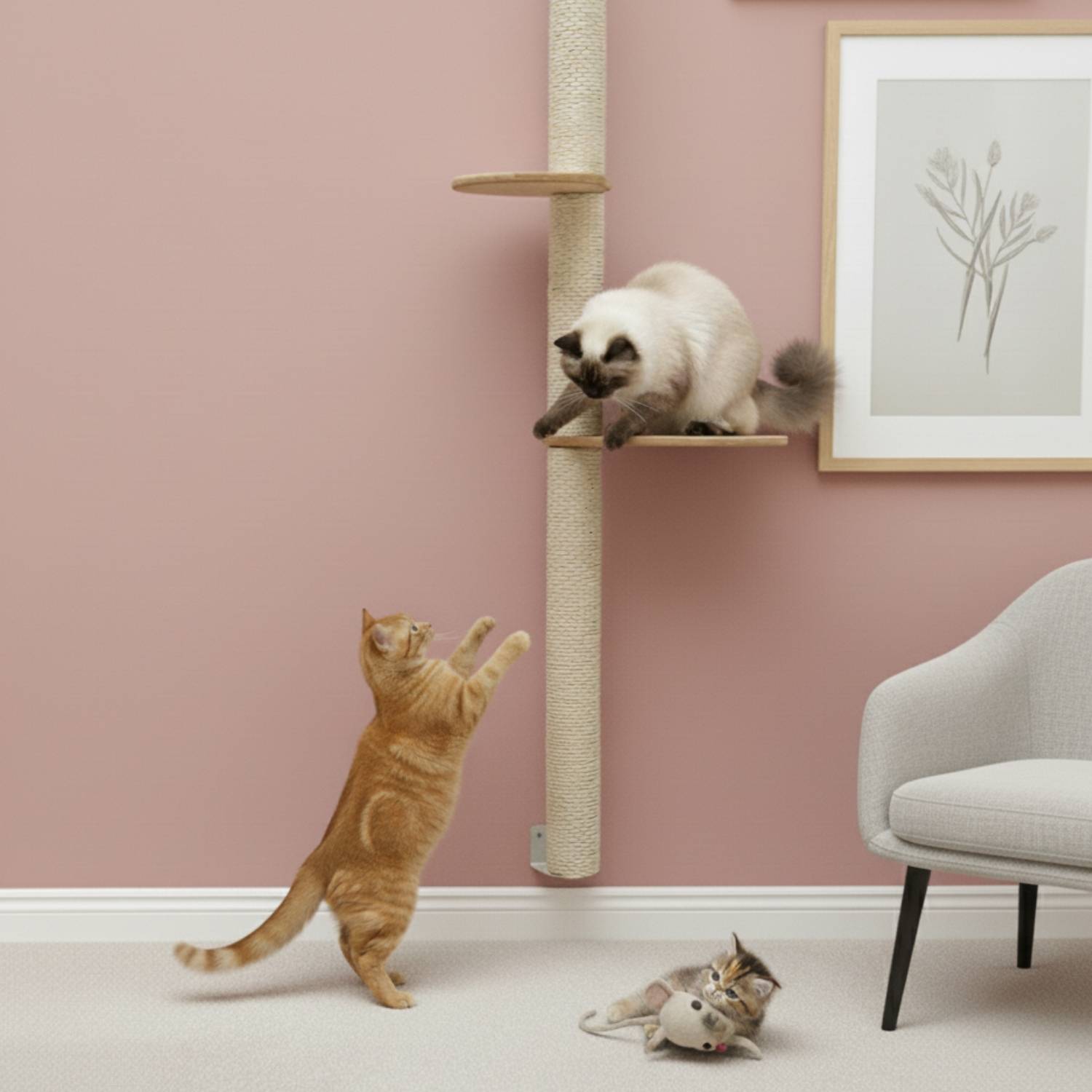 132 cm Wandkratzbaum mit 2 Plateaus für Katzen - Sisal Kratzbaum zur Wandmontage