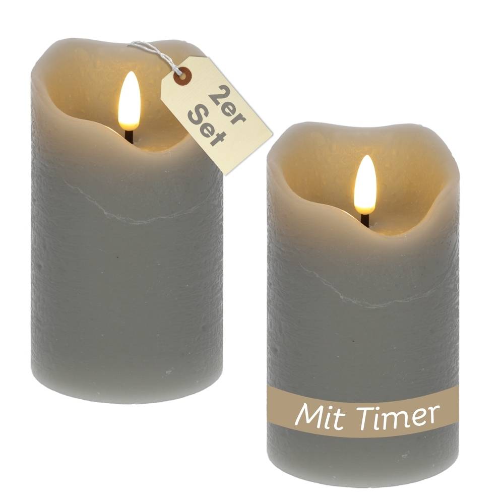 2er Set LED Echtwachskerzen mit Timer Led Kerzen mit Timerfunktion und flackernde Flamme Led Echtwachs Stumpenkerzen flackernd 7,5 x 12,5 cm Grau