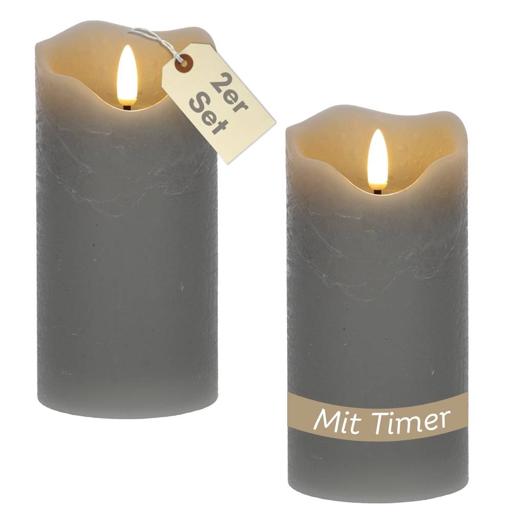 2er Set LED Echtwachskerzen mit Timer Led Kerzen mit Timerfunktion und flackernde Flamme Led Echtwachs Stumpenkerzen flackernd 7,5 x 15 cm Grau