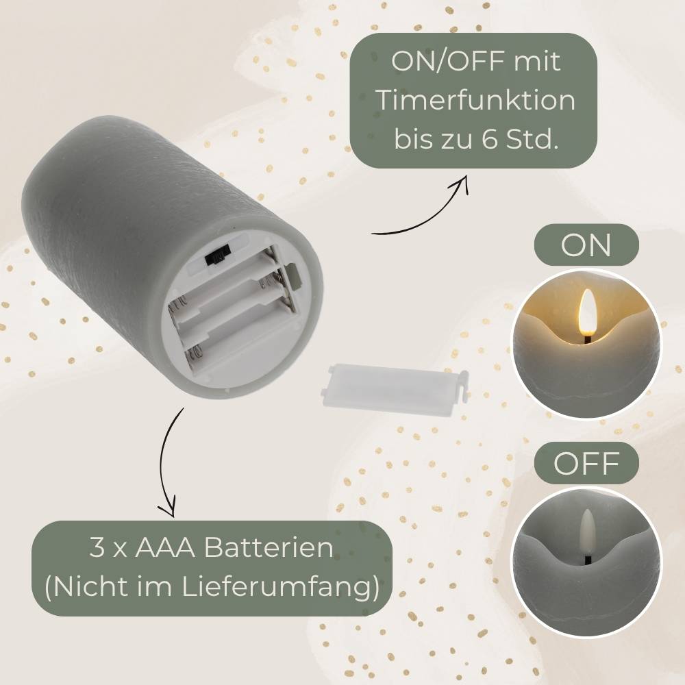 2er Set LED Echtwachskerzen mit Timer Led Kerzen mit Timerfunktion und flackernde Flamme Led Echtwachs Stumpenkerzen flackernd 7,5 x 15 cm Grau