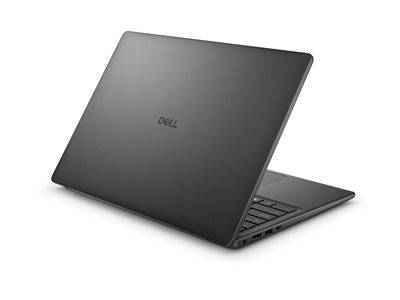Ein schlankes, geschlossenes schwarzes Laptop, von hinten in einem Winkel betrachtet, mit dem Dell-Logo auf der Rückseite des Bildschirms, vor einem schlichten Hintergrund.