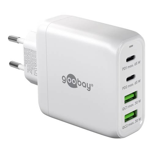 Ein weißes Goobay-Ladegerät mit zwei USB-C-Anschlüssen und zwei USB-A-Anschlüssen, gekennzeichnet mit Leistungsausgängen PD1, PD2, QC1 und QC2.