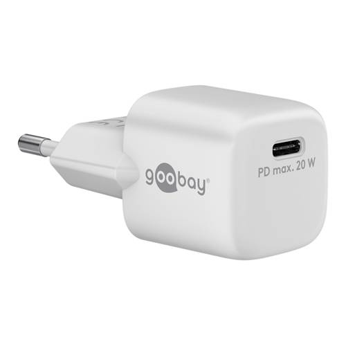 Ein weißer 20W USB-C Netzteil mit dem Markennamen „goobay