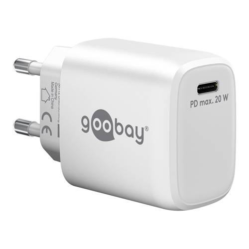 Ein weißer 20W USB-C Wandladegerät mit zwei europäischen Steckern, versehen mit einem Logo und der Aufschrift „PD max. 20 W