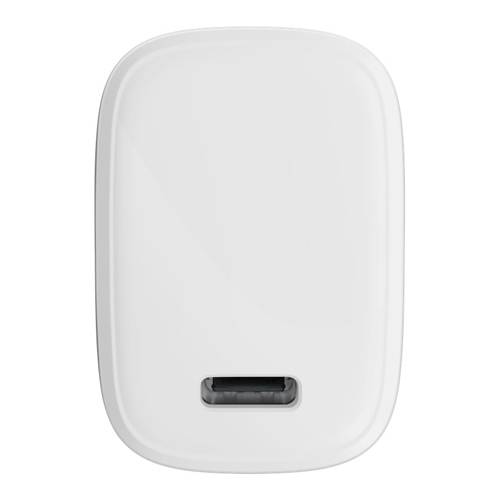 Ein weißer USB-Wandladegerät mit einem einzelnen USB-Anschluss an der Unterseite, entwickelt zum Aufladen elektronischer Geräte.