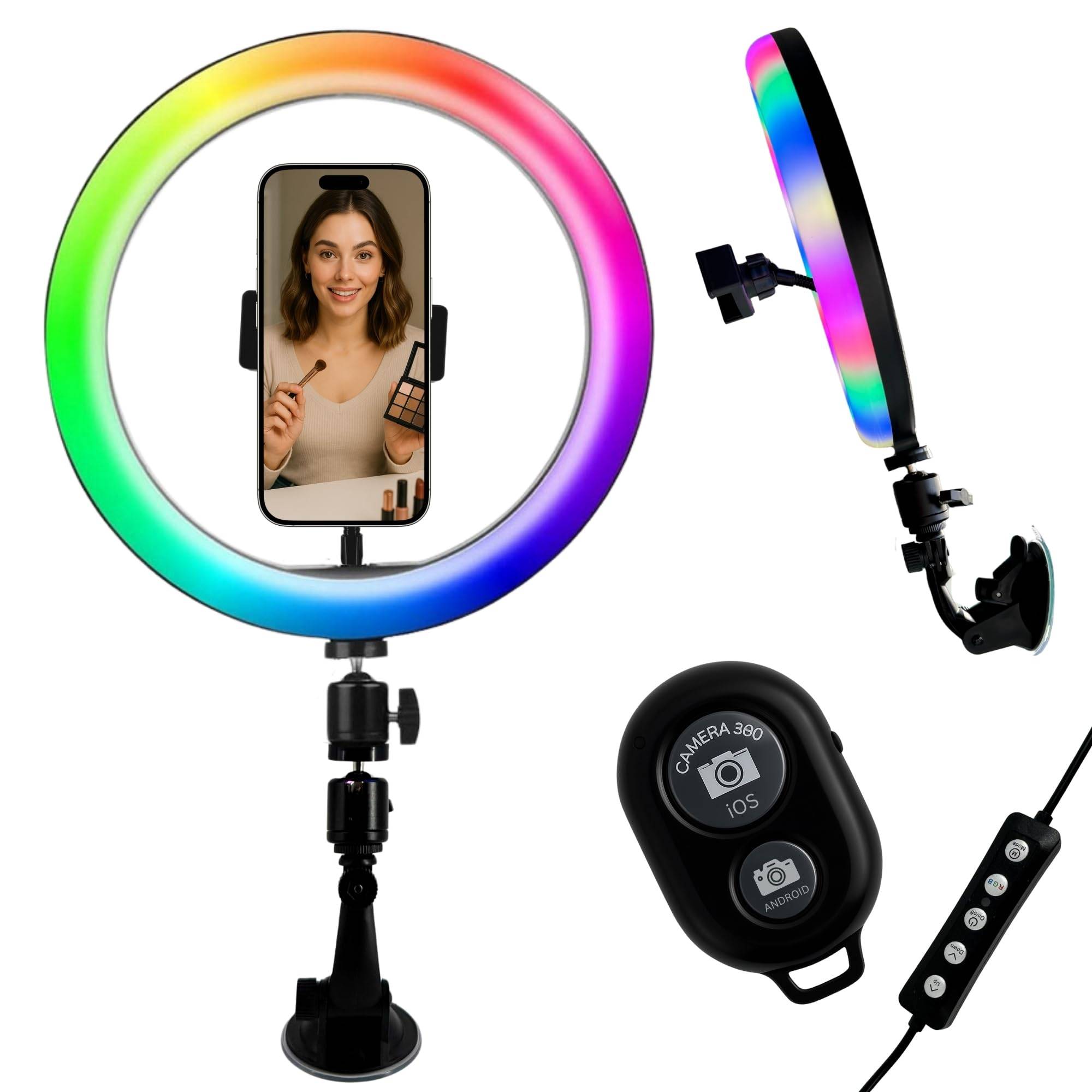 Smartphone Saugnapf Halterung mit Buntem Ringlicht und Fernbedienung I Für Spiegel Fenster Handy Halter I Selfie Video Foto Stativ für Apple iPhone