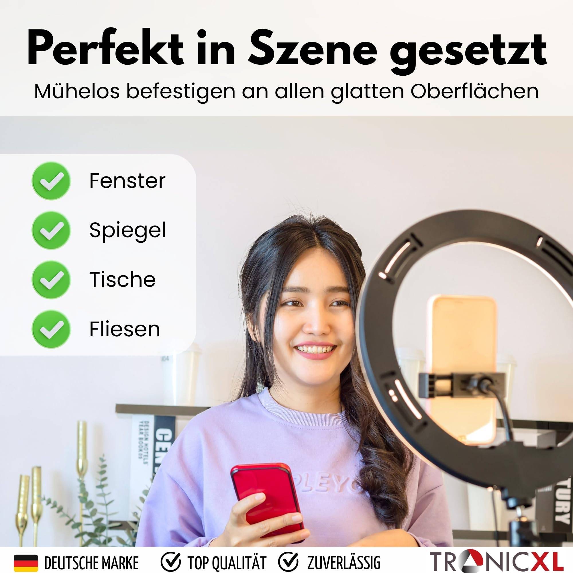 Smartphone Saugnapf Halterung mit Buntem Ringlicht und Fernbedienung I Für Spiegel Fenster Handy Halter I Selfie Video Foto Stativ für Apple iPhone