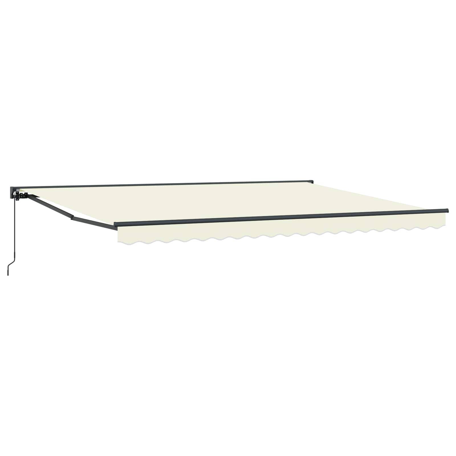 Beige ausfahrbare Markise, die von einem schwarzen wandmontierten Rahmen ausgefahren ist.