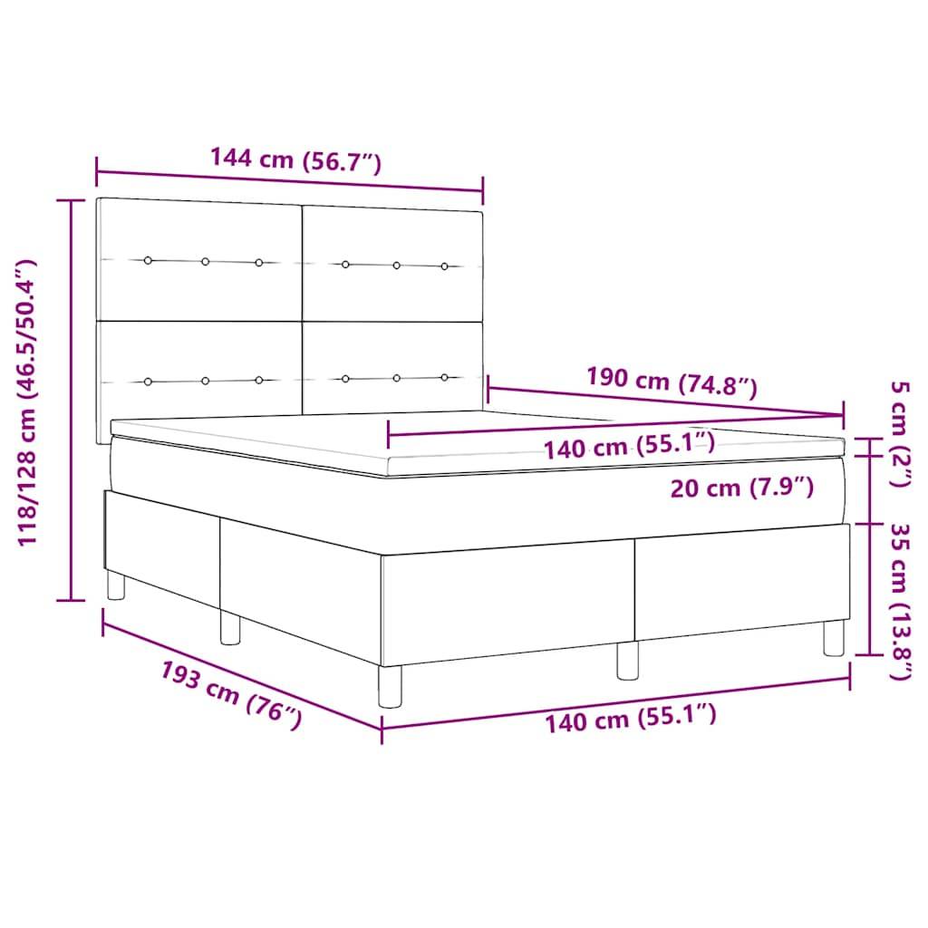 Diagramm eines Bettgestells mit Maßen: 144 cm Breite, 190 cm Länge, 118/128 cm Höhe, mit Schubladen auf 35 cm Höhe dargestellt.