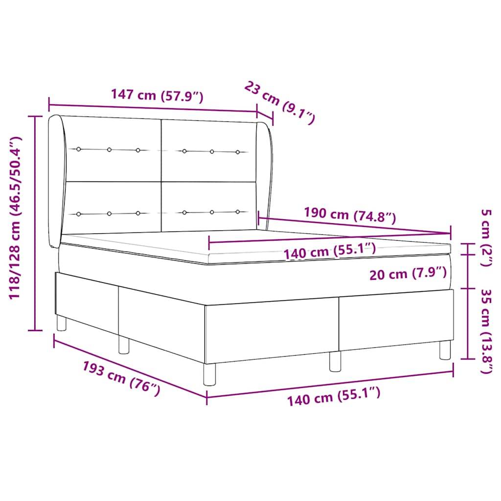 Diagramm eines Bettes mit Maßen: Kopfteilhöhe 118/128 cm, Länge 190 cm, Breite 147 cm, Matratzenbereich 140 cm breit, Betthöhe 35 cm.