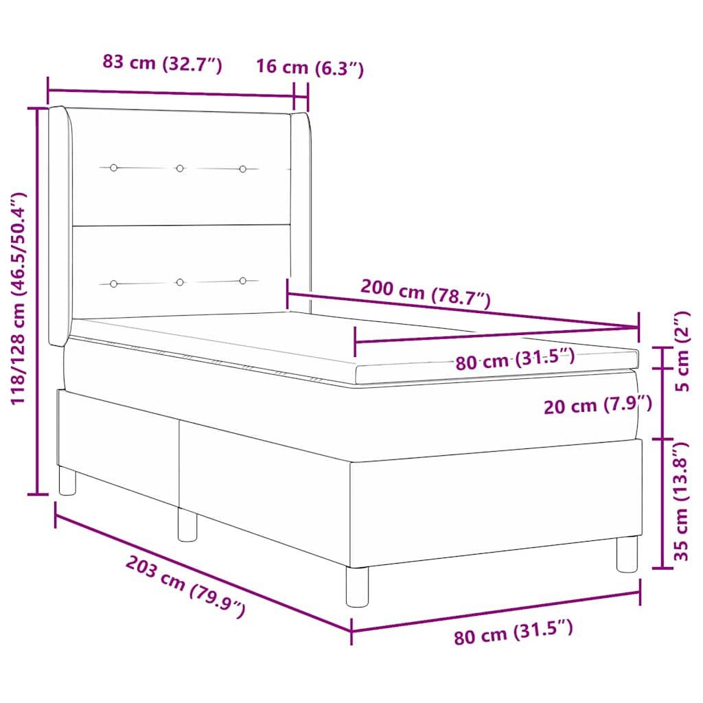 Diagramm eines Bettes mit Maßen: Kopfteil 118/128 cm hoch, Bett 80 cm breit, 200 cm lang, Kopfteildicke 16 cm, Betthöhe 5 cm.