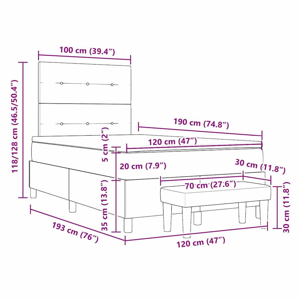 Diagramm der Bettmaße: Höhe des Kopfteils 118/128 cm, Breite 100 cm; Bettlänge 193 cm, Breite 190 cm; Höhe der Bank 30 cm, Breite 120 cm.