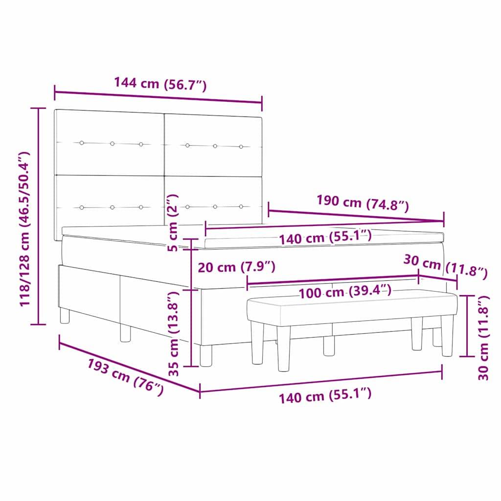 Diagramm eines Bettes und einer Bank mit Abmessungen. Bett: Kopfteil 118-128 cm, Breite 144 cm, Länge 193 cm. Bank: Breite 140 cm, Tiefe 30 cm.