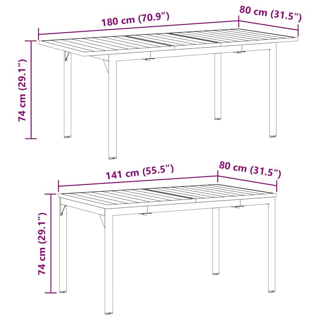 Diagramm von zwei Tischen mit Maßen. Oben: 180 cm (70,9