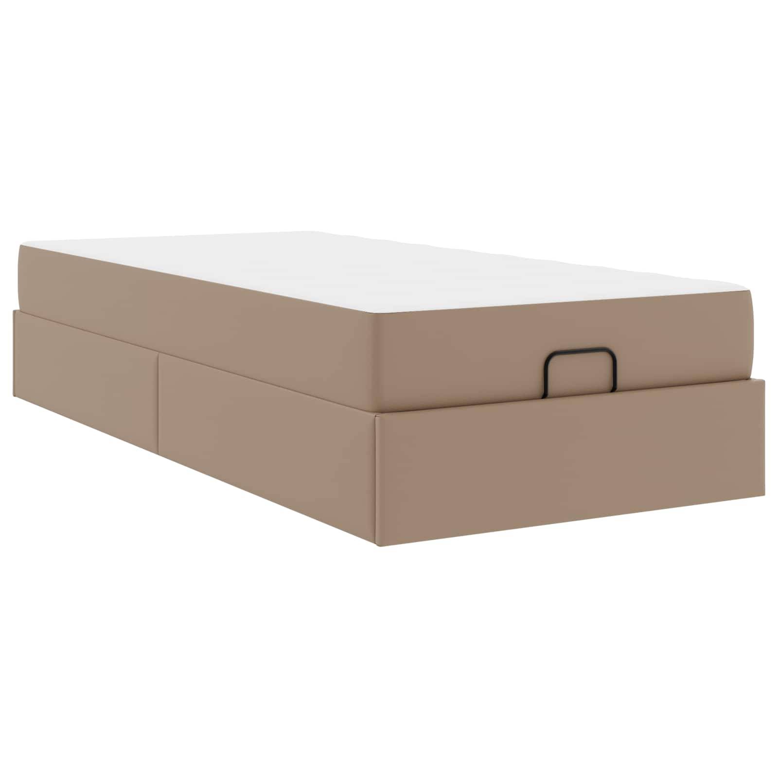 Ein beige Plattformbett mit Staurageschubladen darunter und einer weißen Matratze obenauf, ausgestattet mit einem Metallgriff an der Seite für zusätzliche Bequemlichkeit.