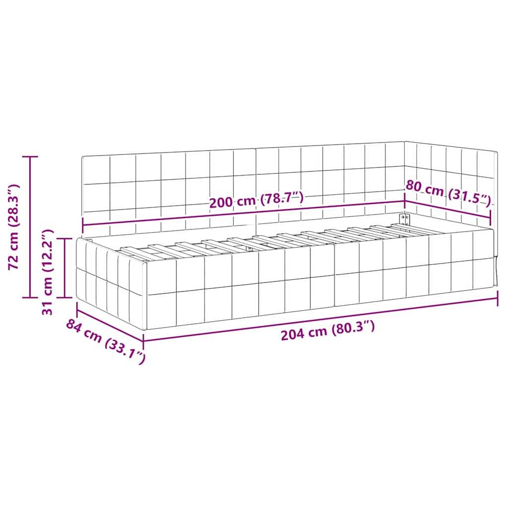 Illustration eines Tagesbettes mit Maßen: 200 cm lang, 84 cm breit, 72 cm hoch. Matratzenbereich: 80 cm x 200 cm. Maße in cm/Zoll.
