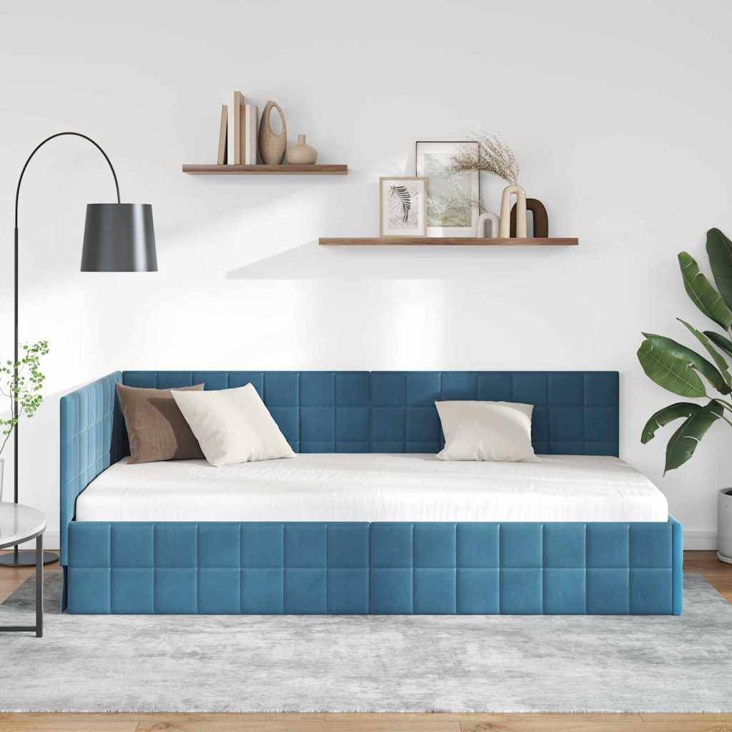 vidaXL Eckbettgestell mit Kopfteil Blau 90 cm x 200 cm Samt