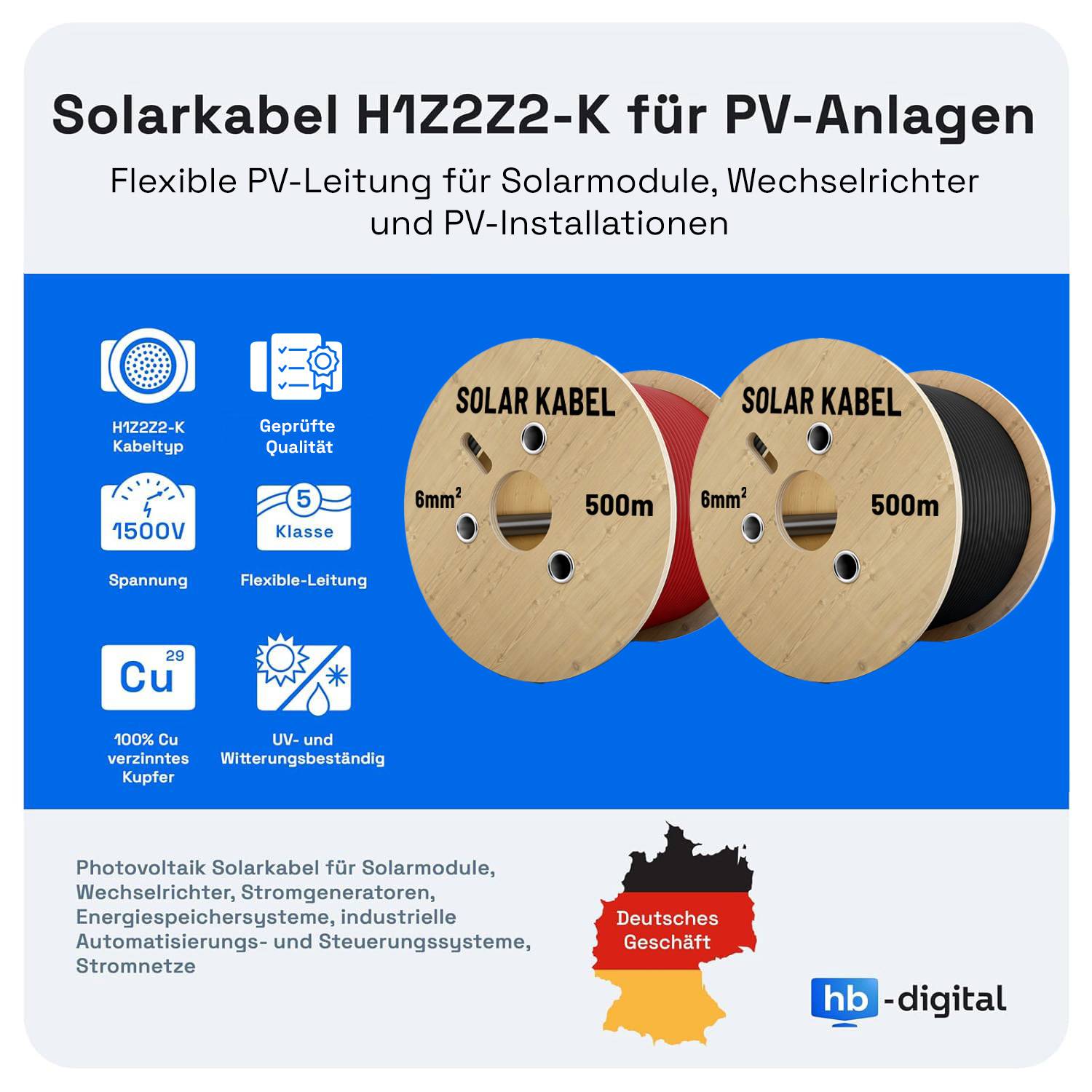 hb-digital 2x 5m Solarkabel 6mm2 mit Solar Stecker Solar Verlängerungskabel 6 mm²