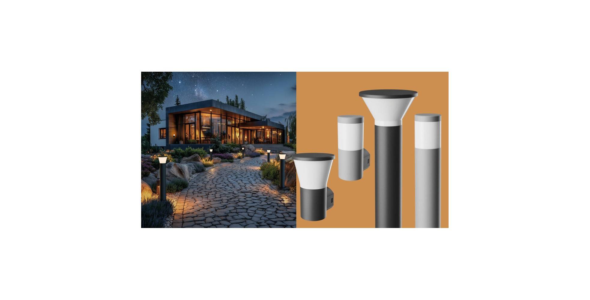 Stilvolle Außenbeleuchtungsfassungen beleuchten ein modernes Haus und einen Gartenweg in der Nacht und präsentieren dabei elegante zylindrische Designs.