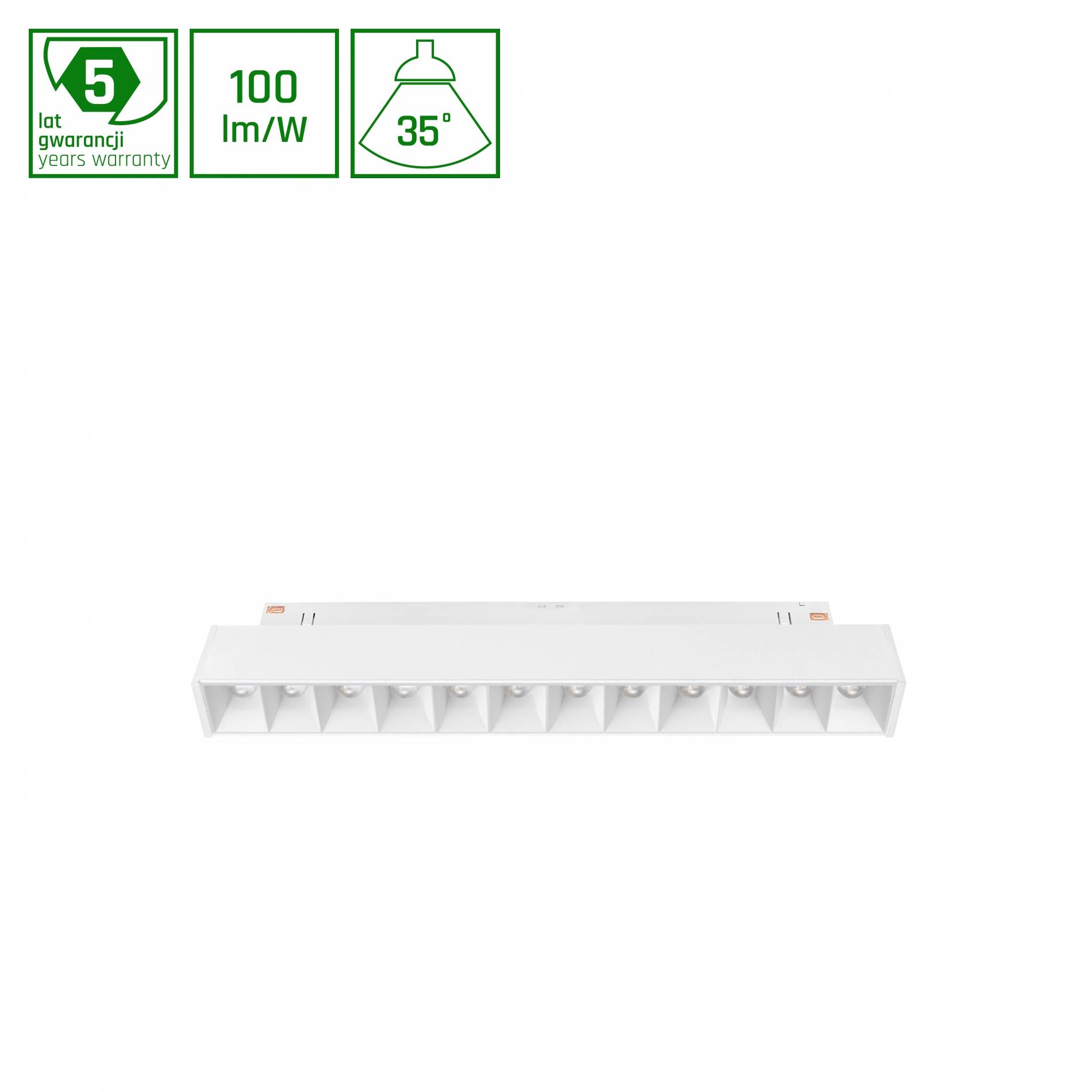 Eingelassenes lineares LED-Downlight, weiß, 5 Jahre Garantie, 100 lm/W Effizienz, 35-Grad-Abstrahlwinkel; geeignet für moderne Innenräume.