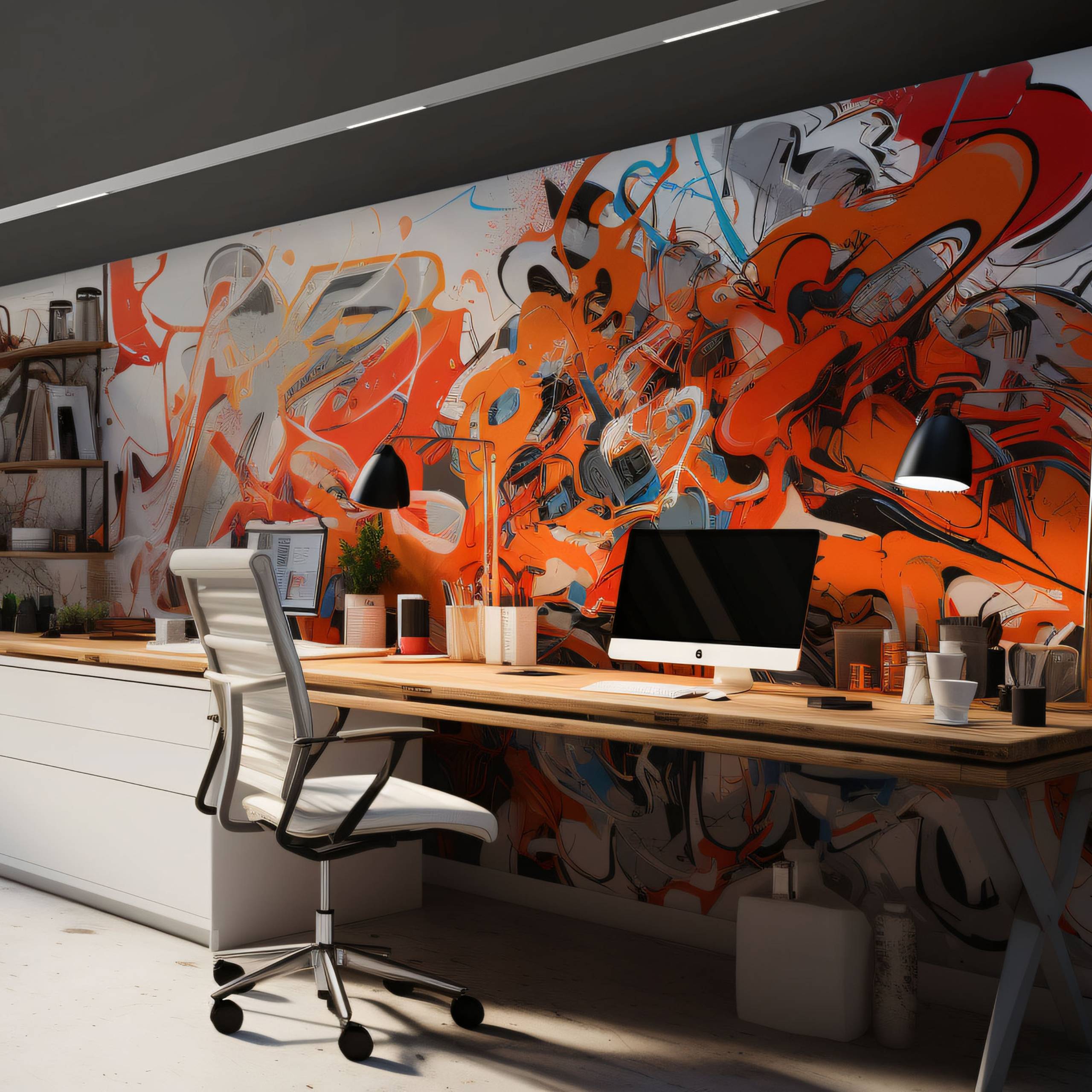 Ein moderner Büroraum mit einem großen Holzschreibtisch, zwei Computern, Topfpflanzen und zwei schwarzen Lampen. Die Wand ist mit bunter Graffiti-Kunst verziert.