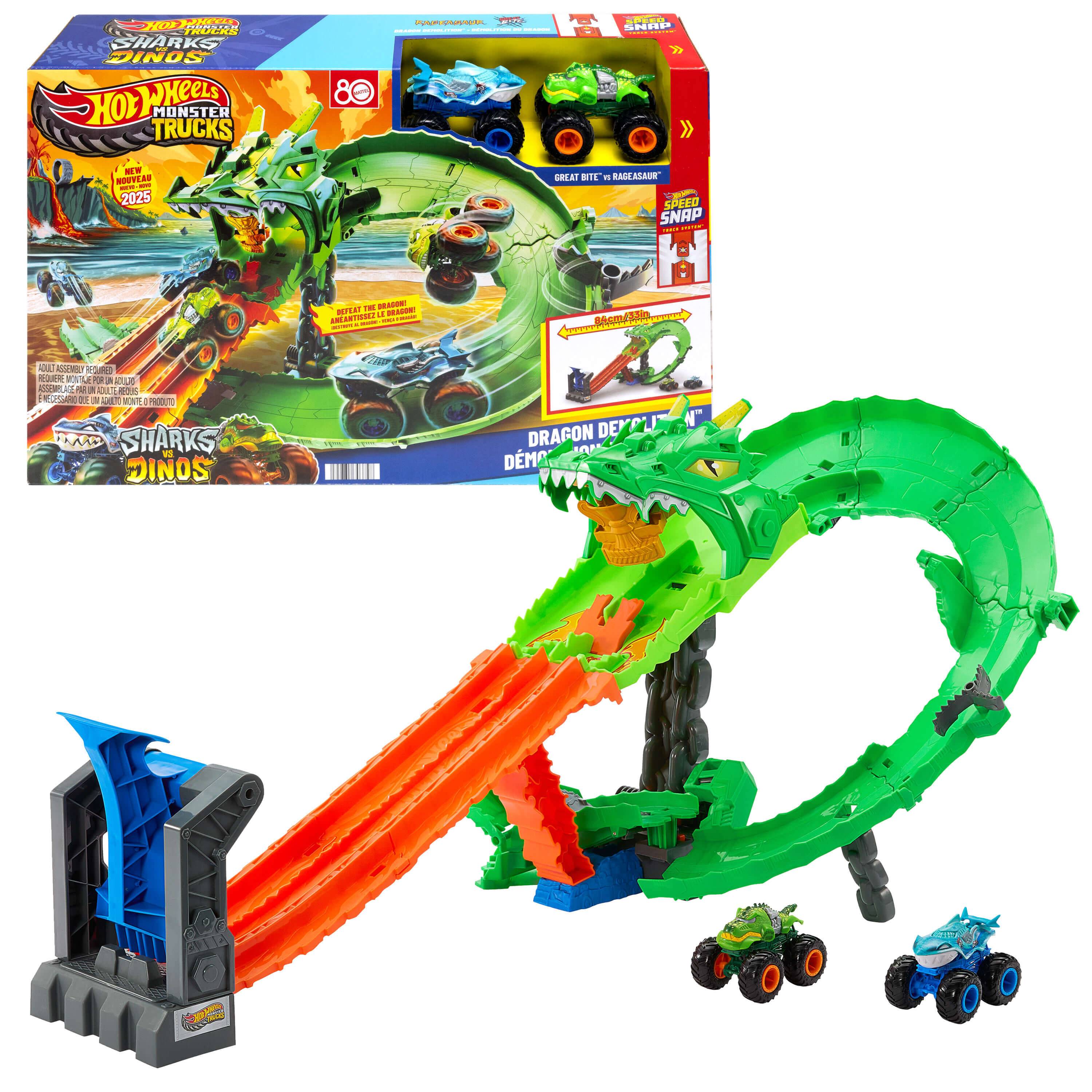Mattel JFR06 - Hot Wheels Monster Trucks Sharks vs. Dinos Dragon Destruction