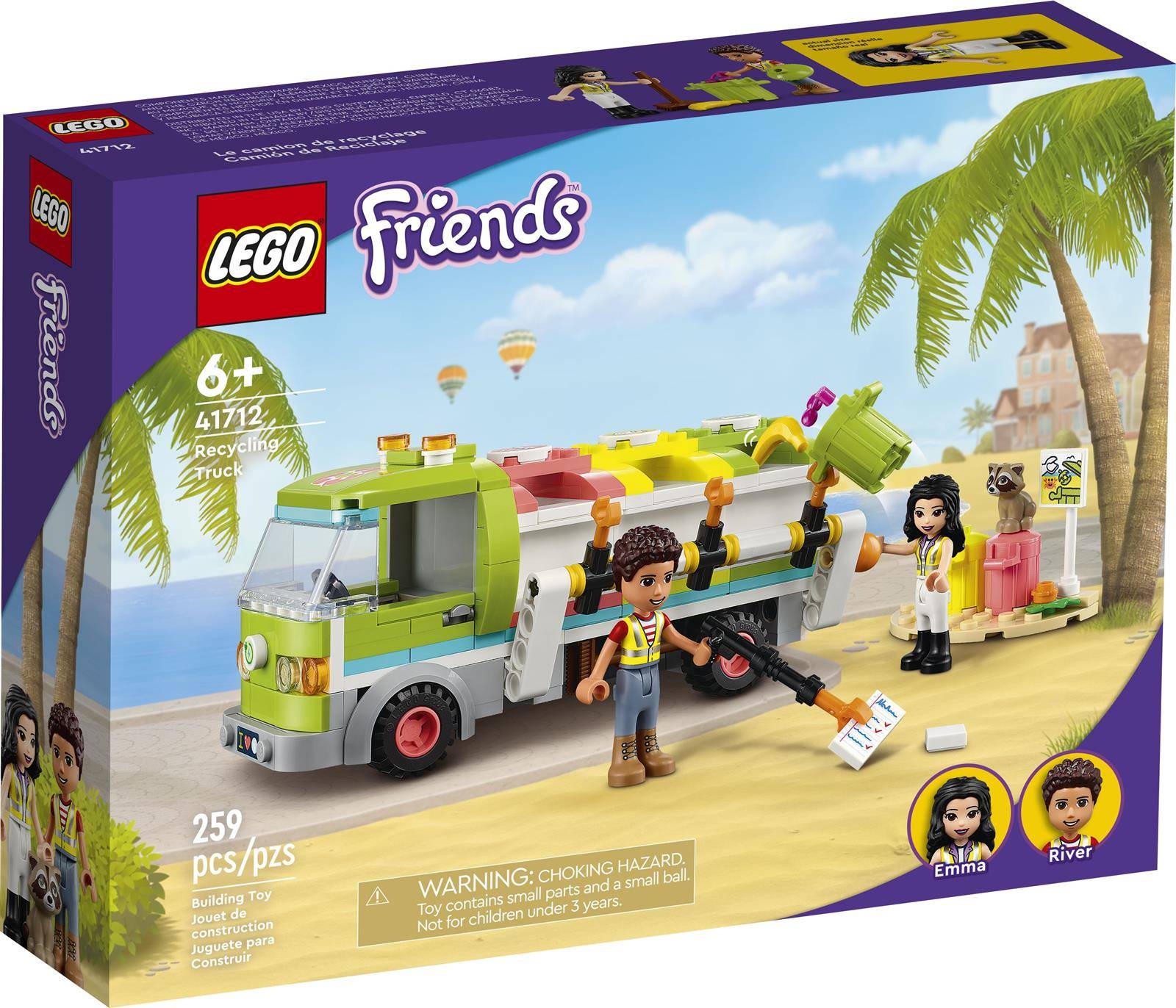 Das LEGO Friends Set 41712 zeigt Emma und River, die einen Strand mit einem farbenfrohen Recycling-Lastwagen reinigen. Enthält 259 Teile. Geeignet für Altersgruppen ab 6 Jahren.